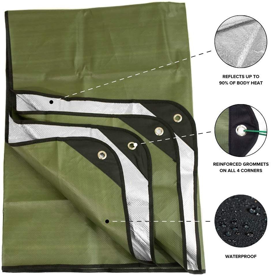 Couverture de survie d'extérieur, couverture thermique d'urgence, chaude et réfléchissante, 150 x 210 cm (vert olive) - 2