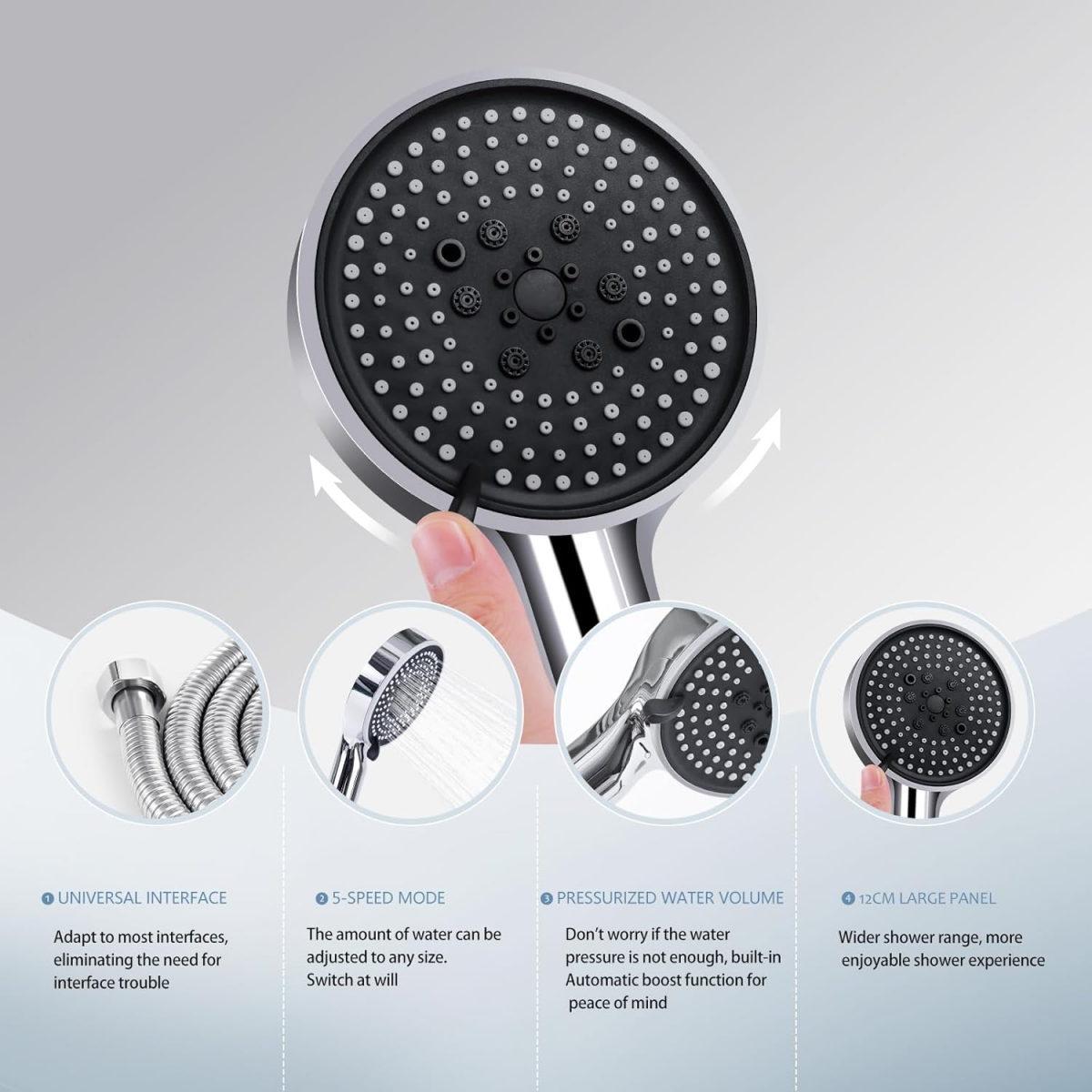 2MPommeau de douche avec tuyau , Douchette Douche Salle de Bain à Effet Pluie avec 5 Types de Jets, Pommeau Douche Anti Calcaire Haute Pression - 2