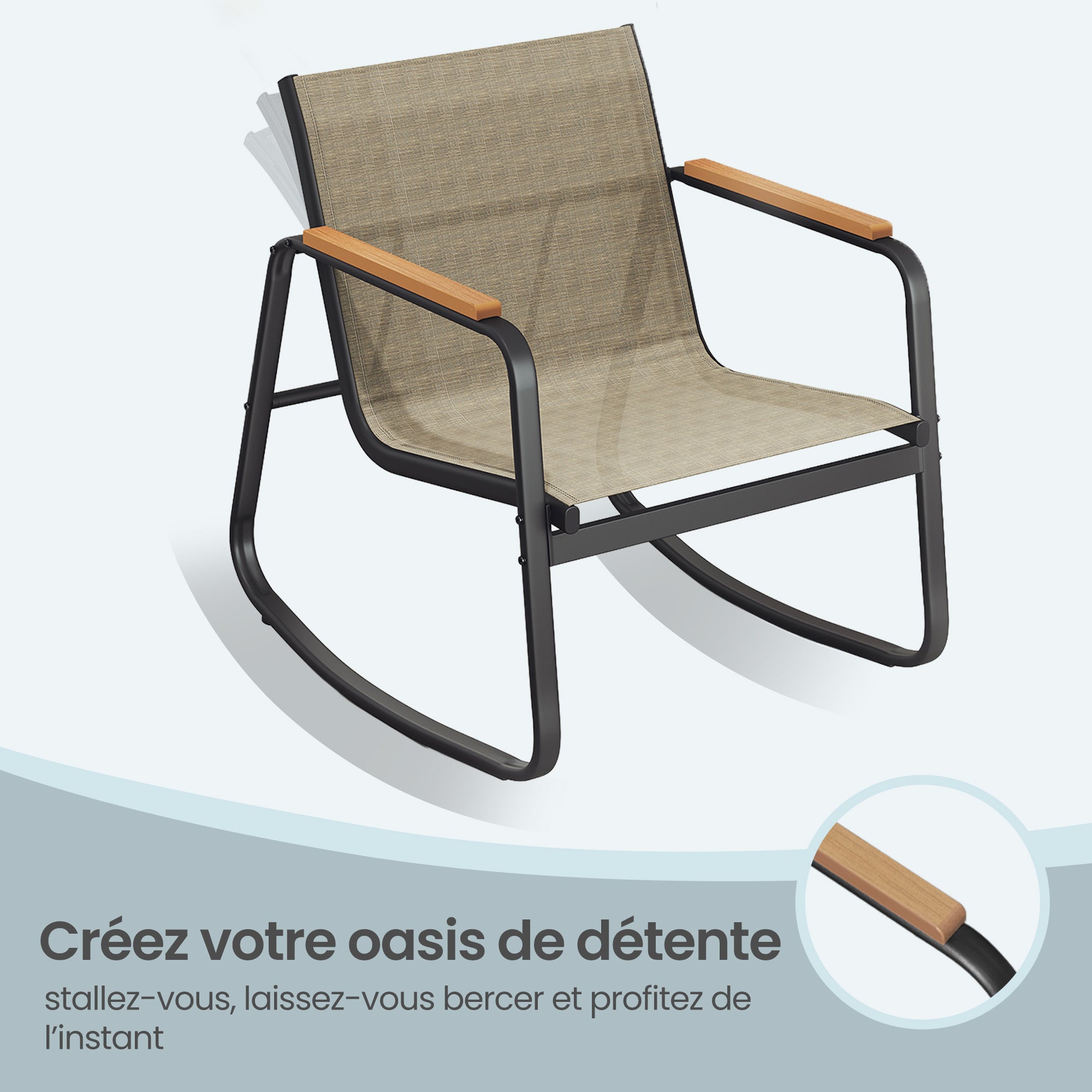 Ensemble de Mobilier de Jardin, 2 Chaises à Bascule avec Table, Banc, en Acier, avec Accoudoirs, Marron - 4
