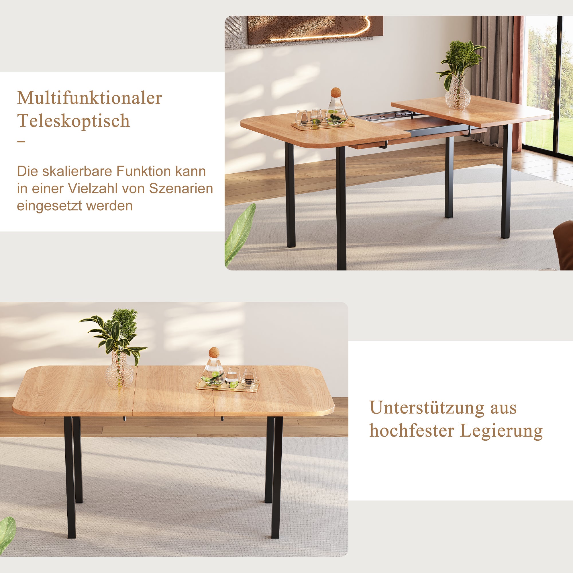 Rozkładany stół jadalny dla 4-6 osób - dł. 120/160 x szer. 80 x wys. 75 cm - drewno MDF i metal - naturalny - 4