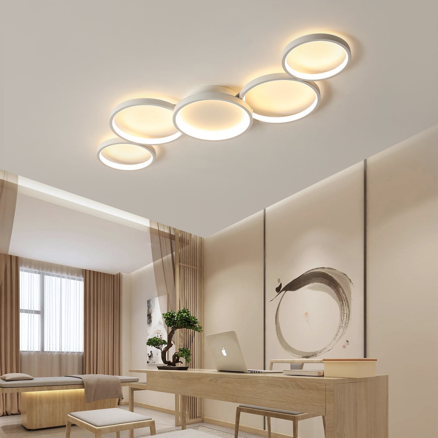 Plafonnier Moderne Dimmable LED Plafonnier Anneau Design Plafonnier Avec Télécommande Métal-Acrylique Plafonnier Chambre Cuisine Salle À Manger Lumières 6-Anneau Gradation Continu Éclairage,Marron