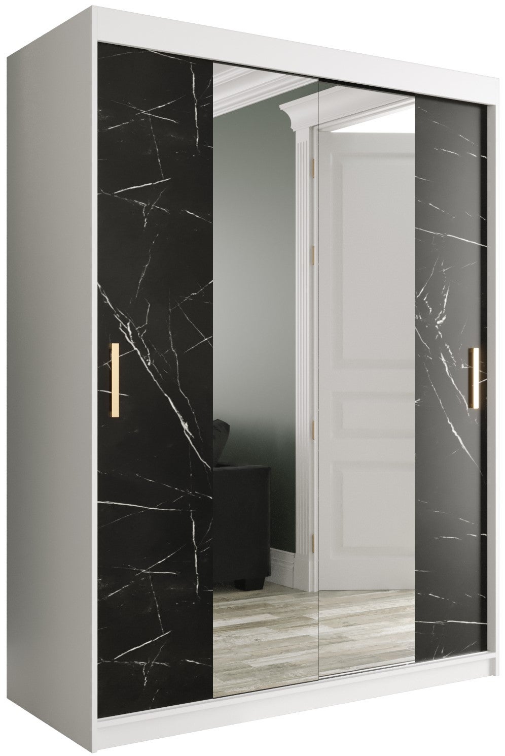 Szafa przesuwna garderoba MARMUR T1 150 x 62 x 200 cm Biały + Marmur Czarny - Abiks Meble