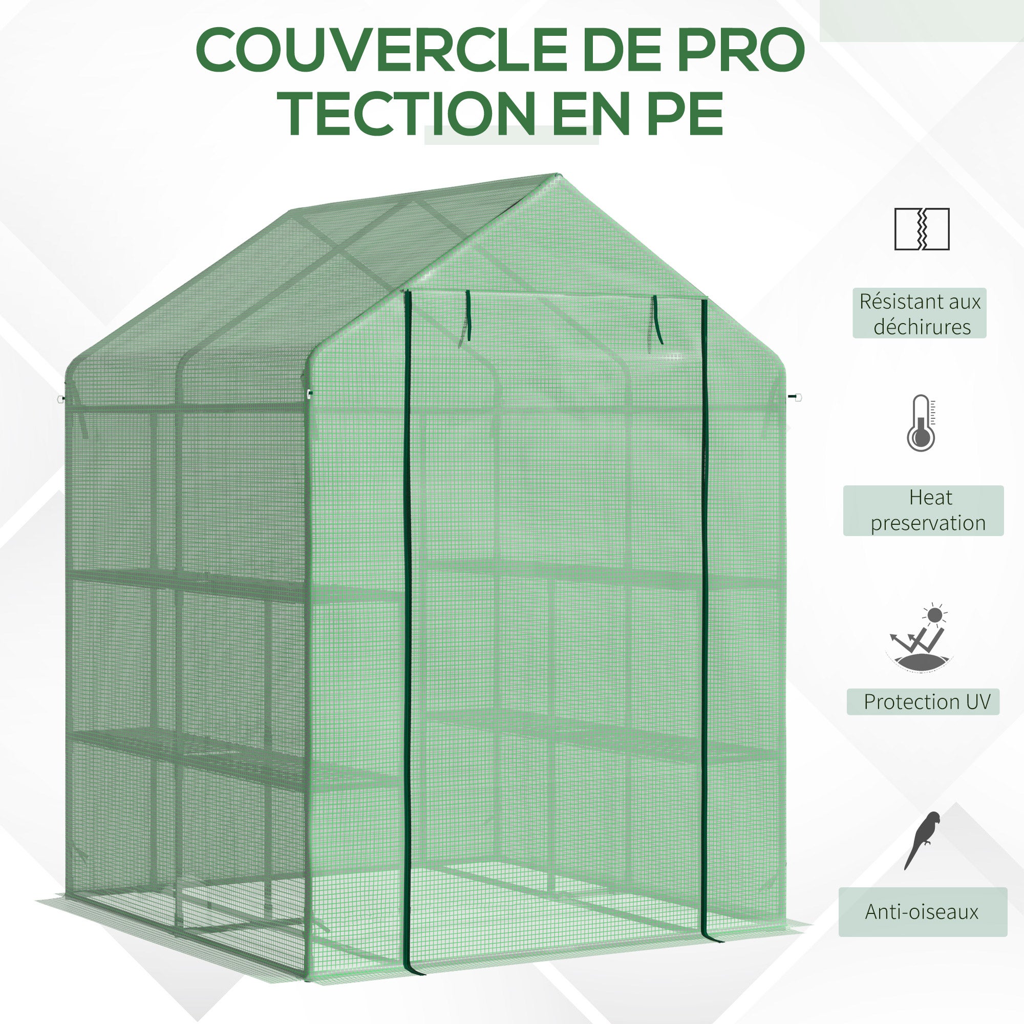 Serre de jardin à 3 étagères, petite serre de balcon en bâche PE renforcée 140 g/m², 143 x 138 x 190 cm, verte - 6
