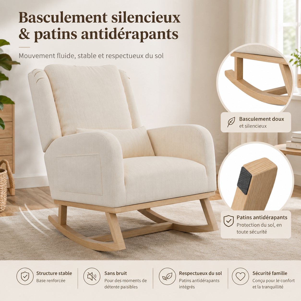 Rocking Chair avec Coussin Lombaire, Allaitement Fauteuil Avec Tapis Antidérapant et Accoudoirs, Chaise Loisir avec Pieds en E' Bois, Beige Lin - 3