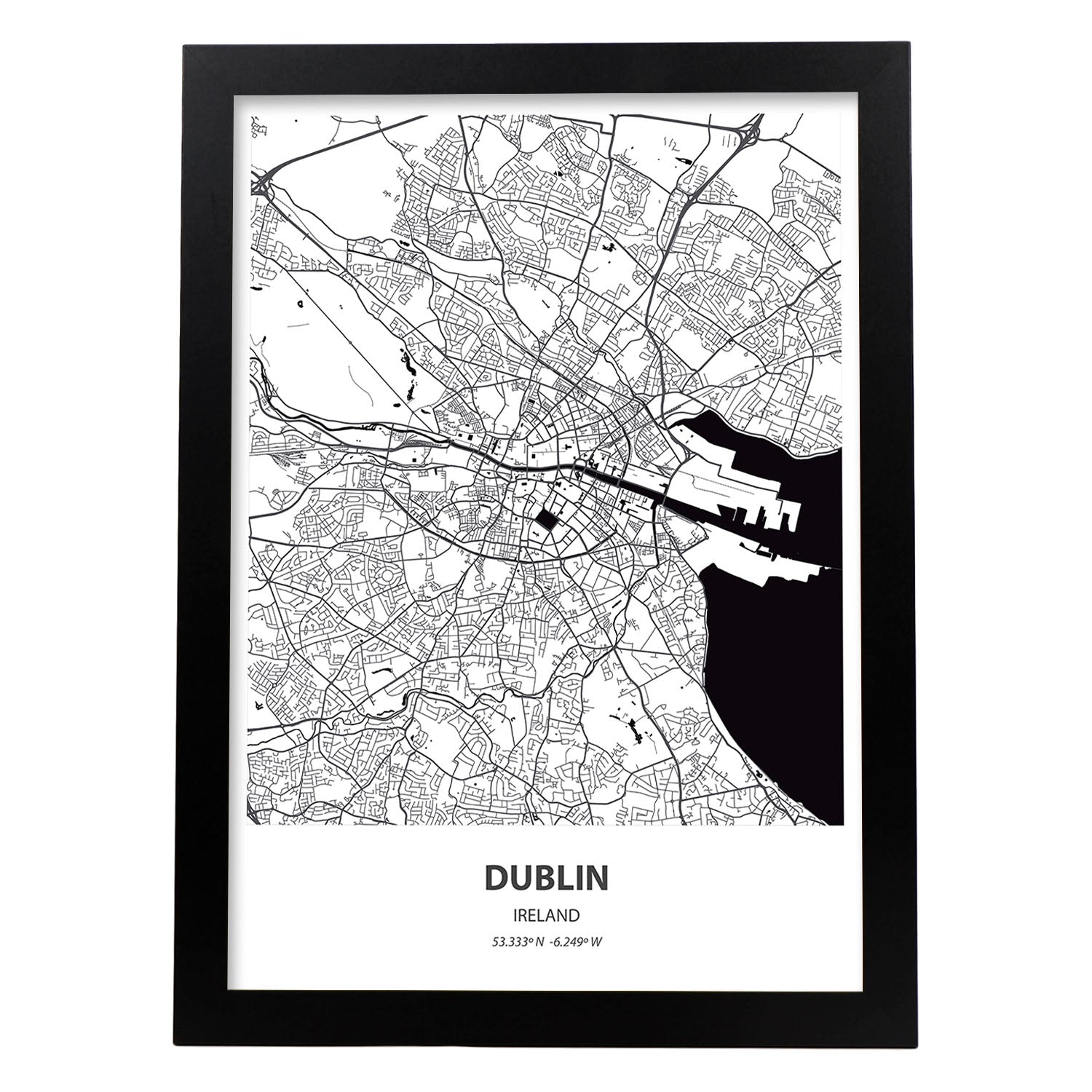Poster con mapa de dublin irlanda. láminas de ciudades de europa con mares y rios en color negro. sin marco - a3