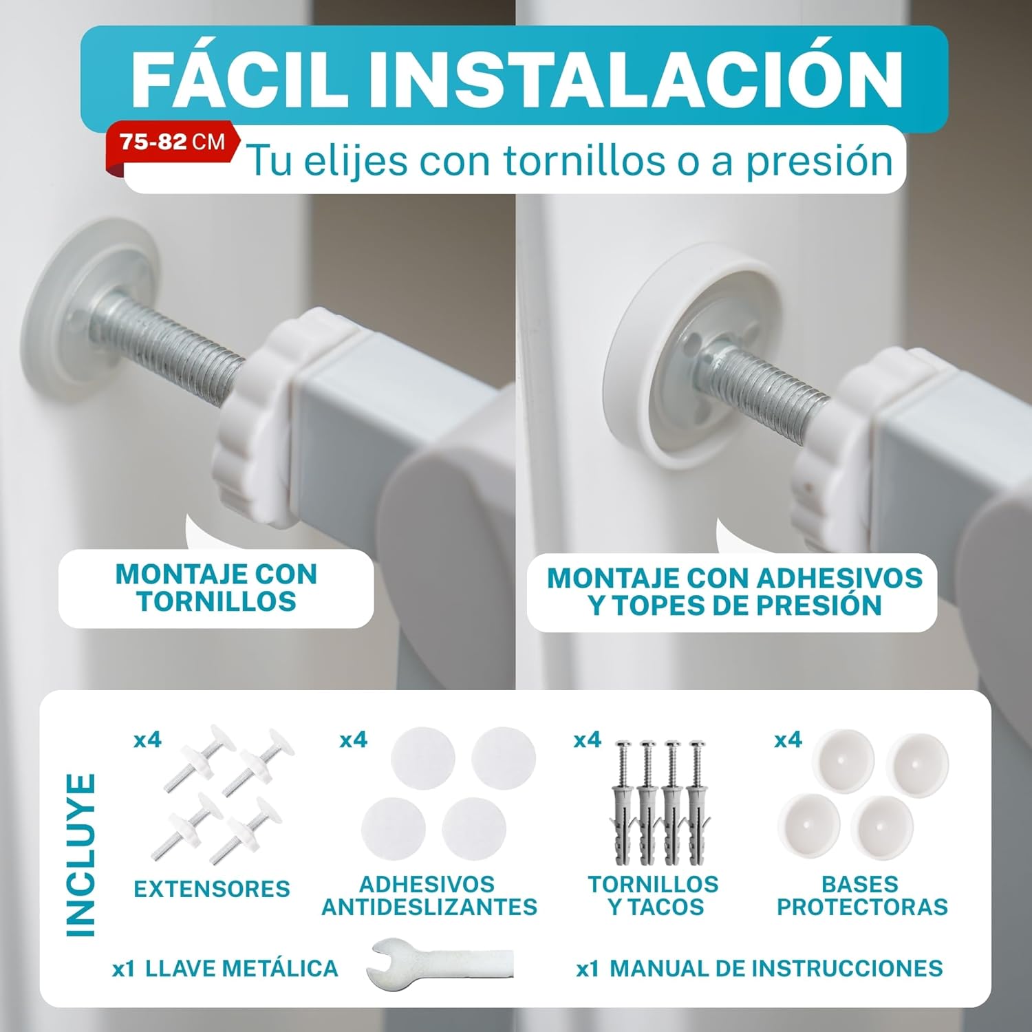 ALMAR Baby Barrera de Seguridad 67-74cm Blanco | Facil Montaje sin Tornillos para Puertas, Pasillos o Escalera para Niños o Mascotas - 6