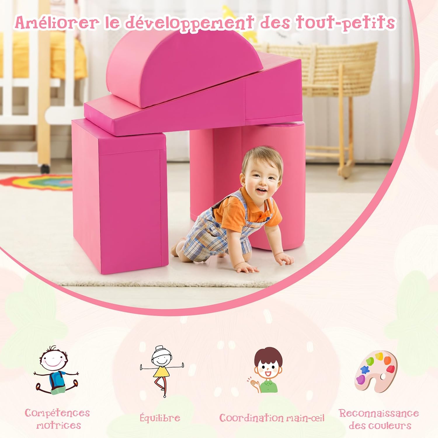 5PCS Parcours Motricité Bébé en Mousse de EPE, Module Motricité Bébé avec Fermeture Clair, Jouets Éducatifs Colorée pour Ramper Grimper - 4