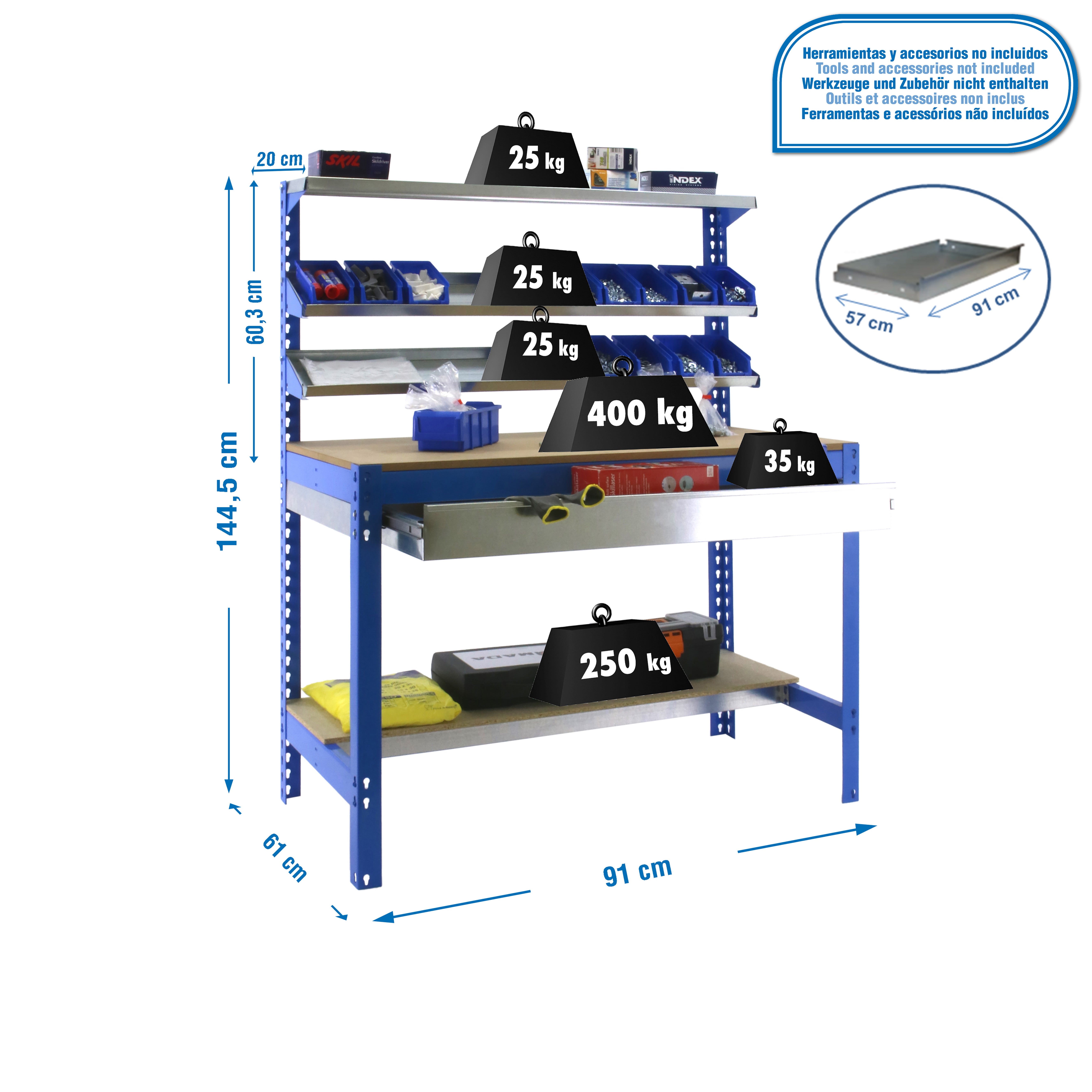 Bancada de trabalho SIMONWORK com 5 prateleiras (144,5x91x61cm) AZUL E MADEIRA - 3
