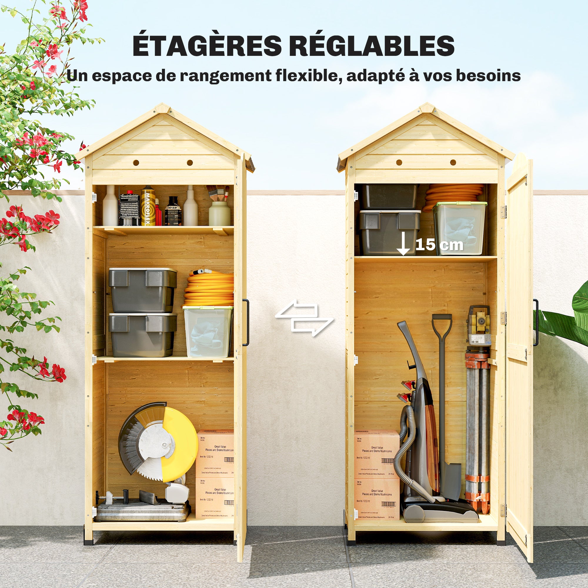 Armoire de Jardin en Bois Toit Acier Galvanisé Texture Gaufrée Étagères Réglables 85x58x213cm Bois Naturel - 7