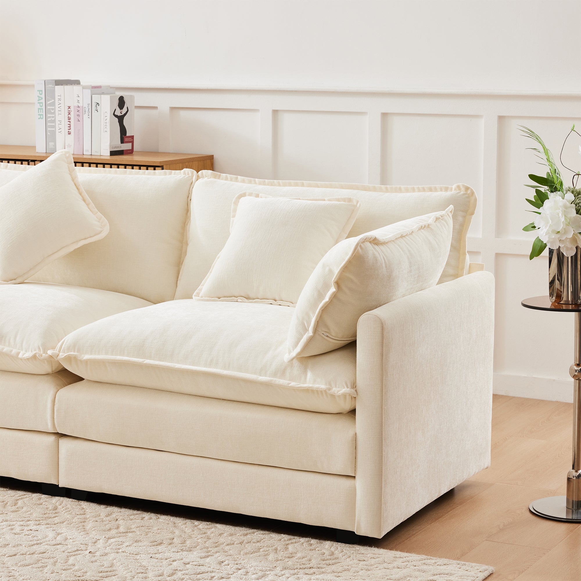 Canapé d'angle 3 places avec repose-pieds - 283 x 147 x 84 - Tissu chenille - Beige - 6