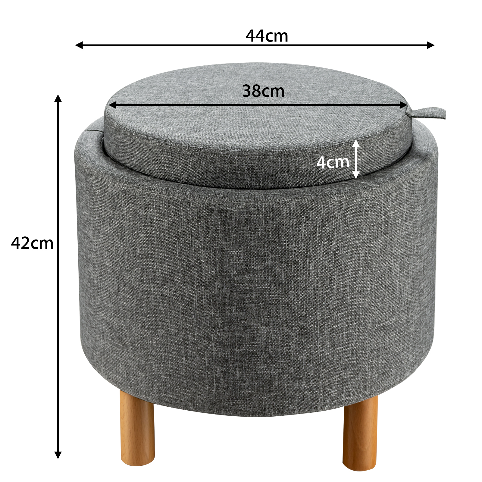 Pouf Rotondo con Contenitore e Vassoio, Poggiapiedi Imbottito con Base in Legno e Piedini Antiscivolo, Tavolino da Caffè per Soggiorno, Camera - 9