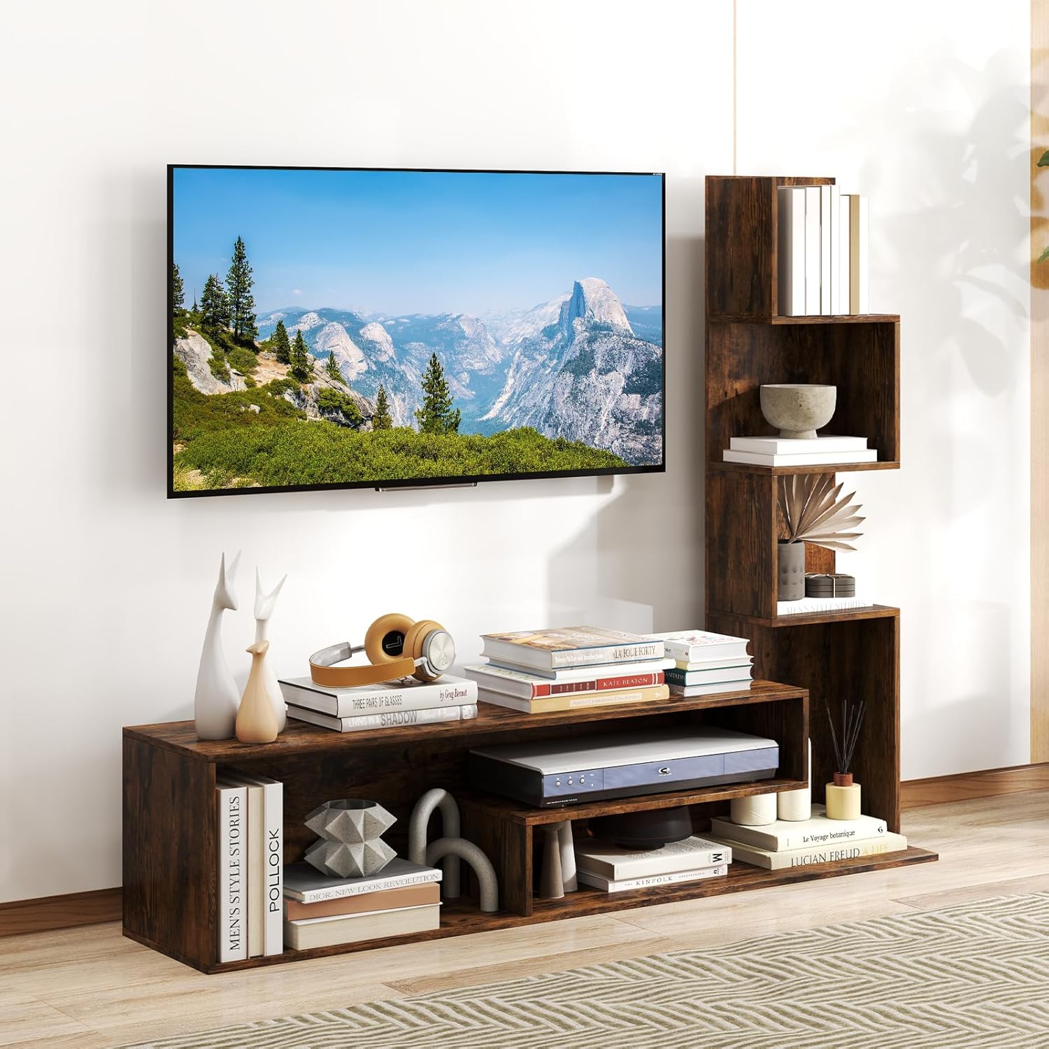 Mebel pod Telewizor 50 Cali, Mebel pod Telewizor z 2 Regałami w Kształcie Litery L, 3 Schowkami, Nośność 40 kg, 145 x 30 x 121 cm (Brązowy)