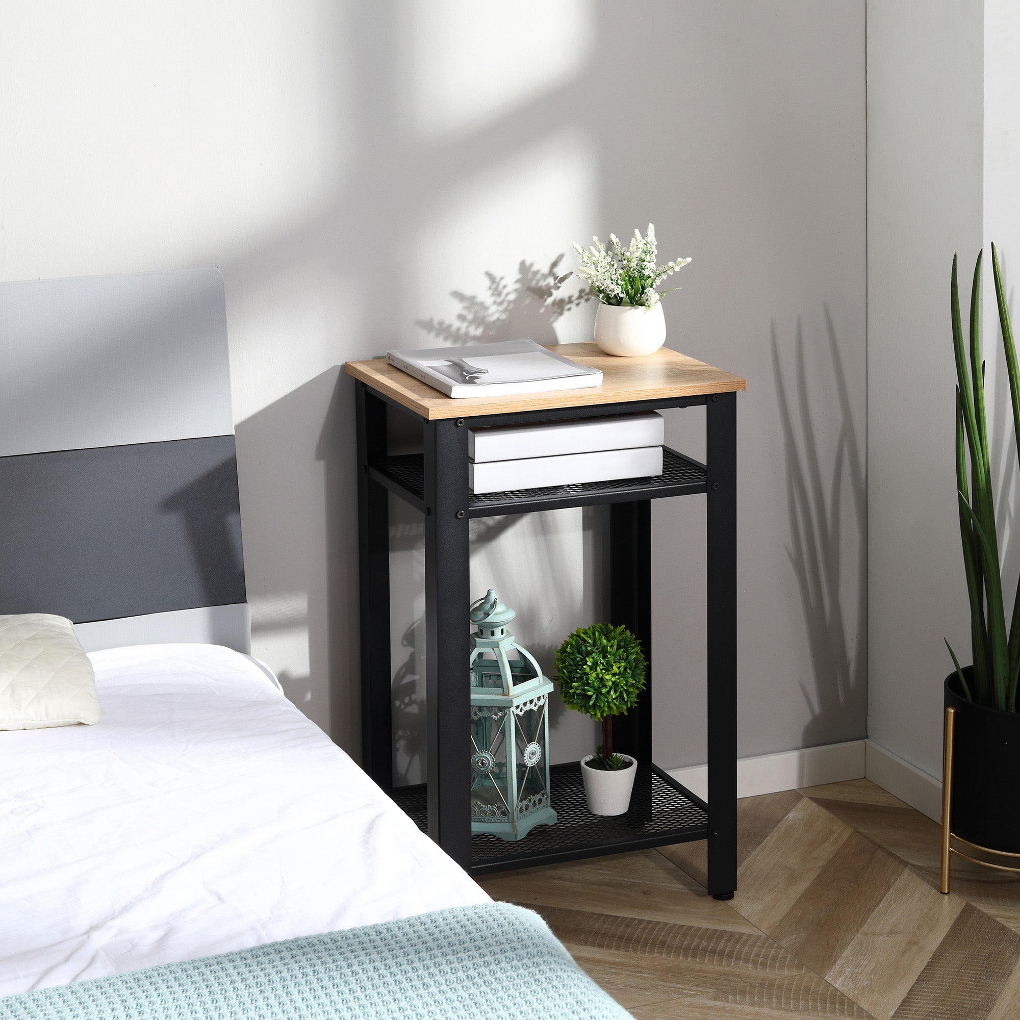 Homcom Mesa Auxiliar Metal Y Aglomerado De Madera Roble Y 45X35x75 Cm Negro , Leroy Merlin
