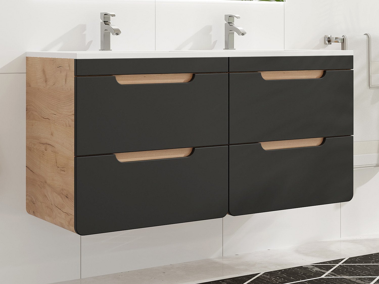 Szafka łazienkowa wisząca z umywalką wpuszczaną w blat - Naturalny i antracytowy - 120 cm - ARUBA