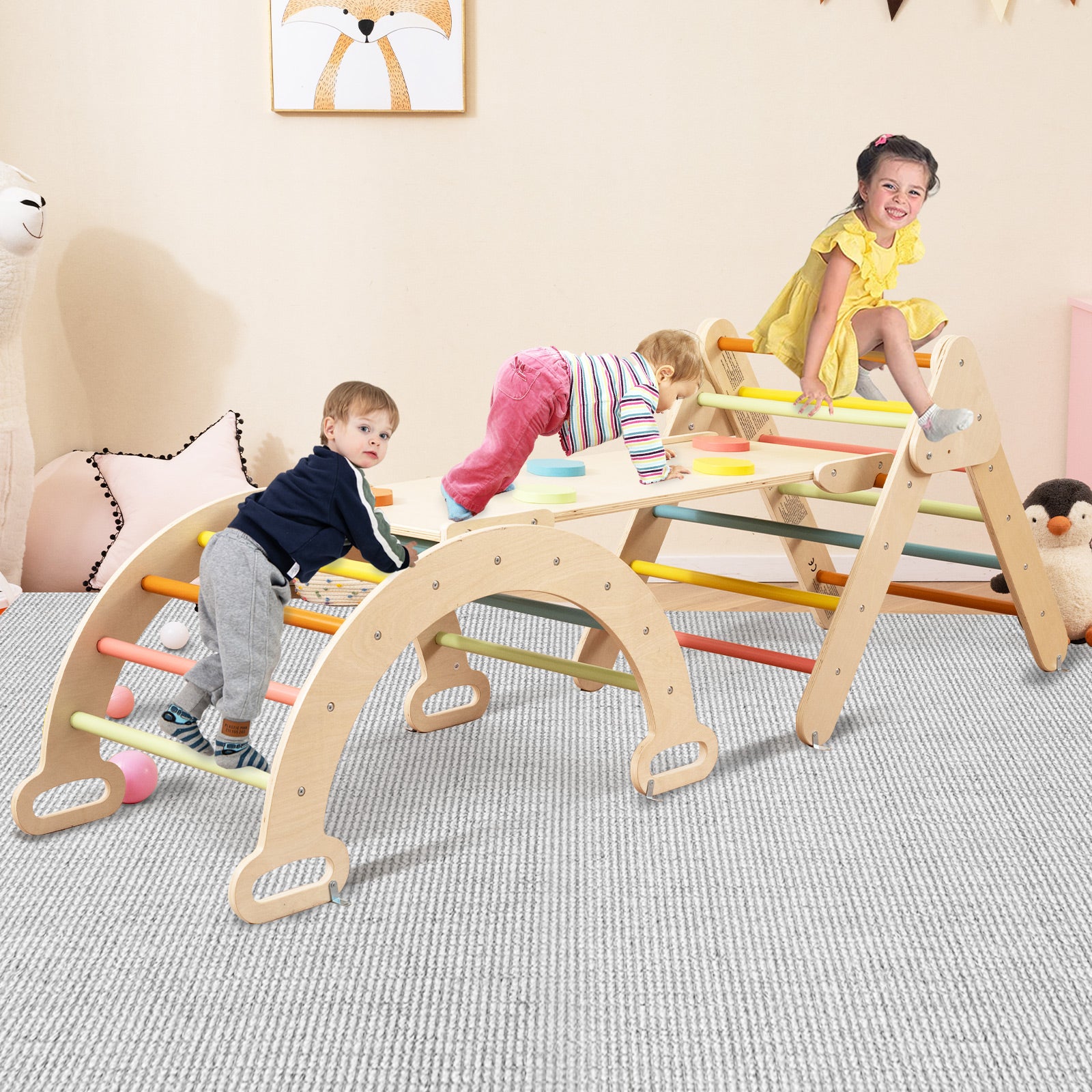 7 en 1 Triangle d'escalade Montessori Enfants avec Rampe, Arc d'escalade en Bois Hêtre avec Tente & Bascule & Échelle, Charge 50KG, pour 1 An + - 2