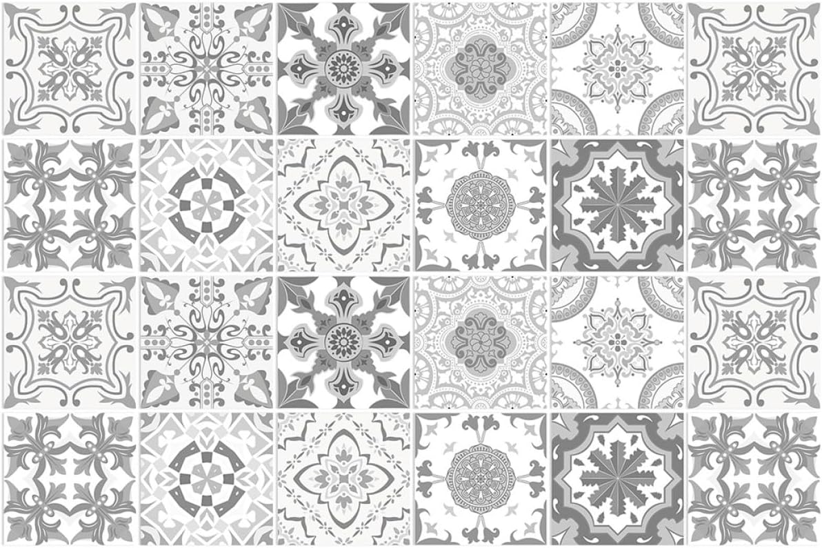 Zestaw 24 kwadratowych naklejek dekoracyjnych o wymiarach 20x20 cm, odpowiednich do naklejenia na panele kuchenne, kominki, łazienki itp.