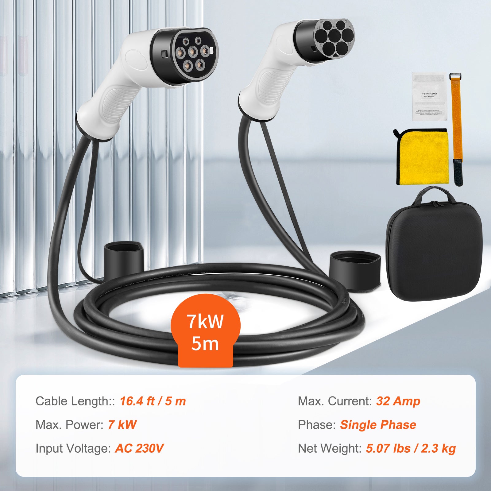 Tipo SucceBuy 2 Tipo 2 Cabo de carga Tipo 2 16 A 7 kW de 5 m Loading Cabo de carregamento único -fase IP66 impermeabilizada com bolsa de transporte - 9