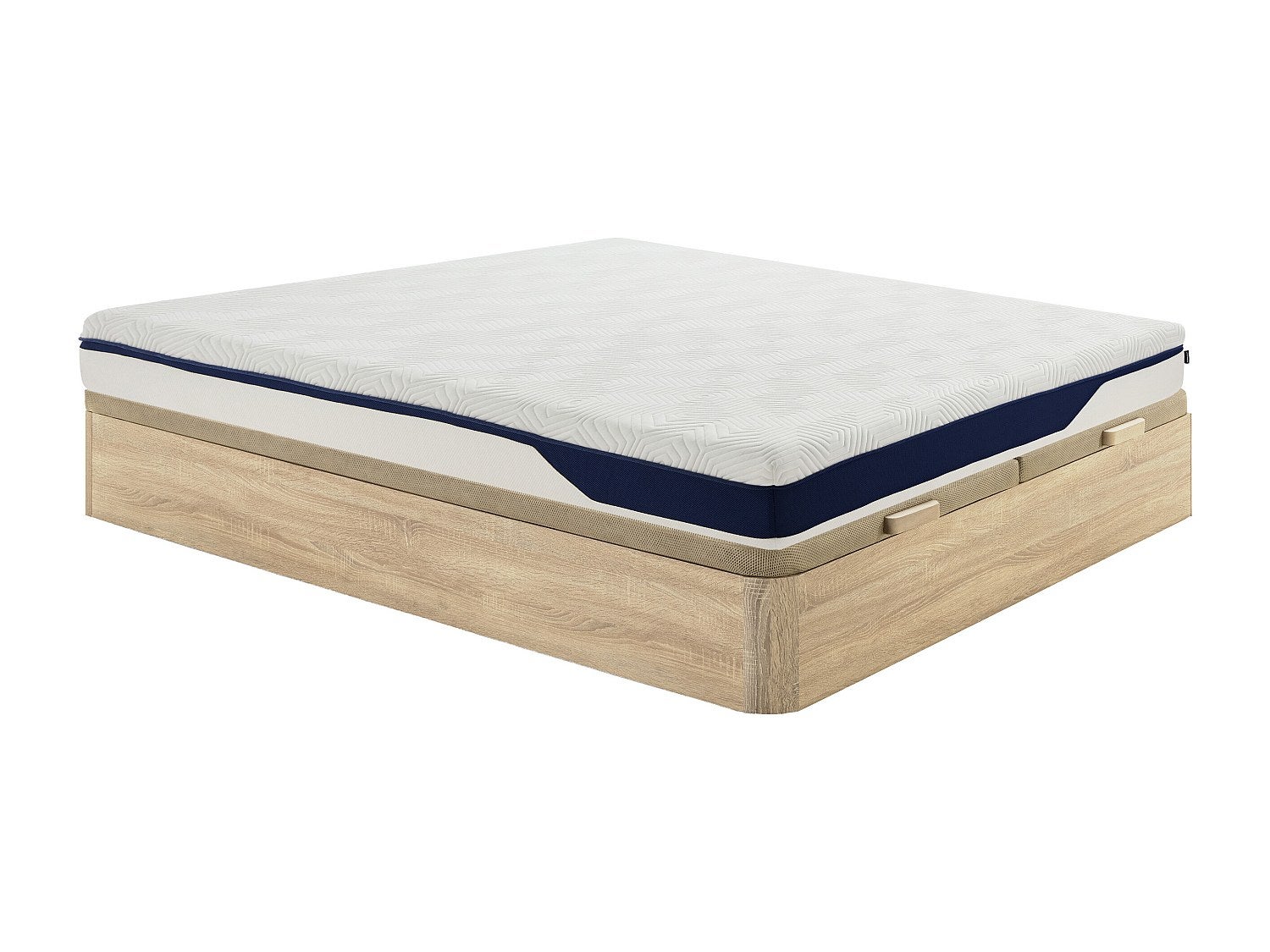 Zestaw 180 x 200 cm jasne naturalne łóżko ze skrzynią + materac z pianki HD 7 stref i zdejmowana warstwa żelowa z pamięcią kształtu gr. 22 cm- FAGANI