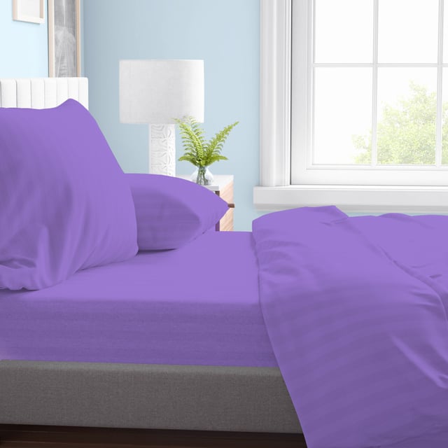 Ensemble de draps doubles en microfibre, lilas, satiné rayé, sans repassage, 2 carrés