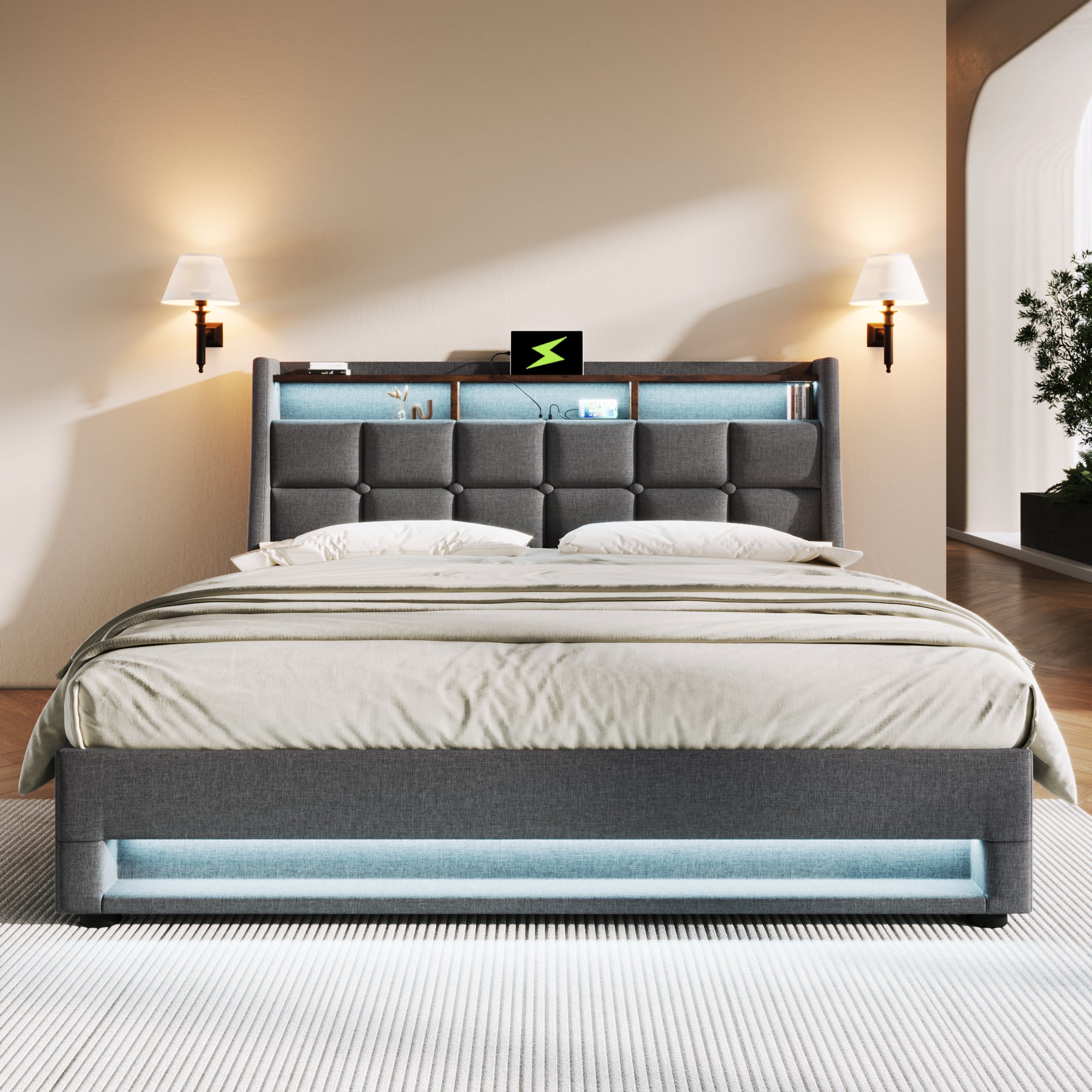 Cama con almacenaje de lino 180x200 cm con LED y puertos USB - somier - gris - 4