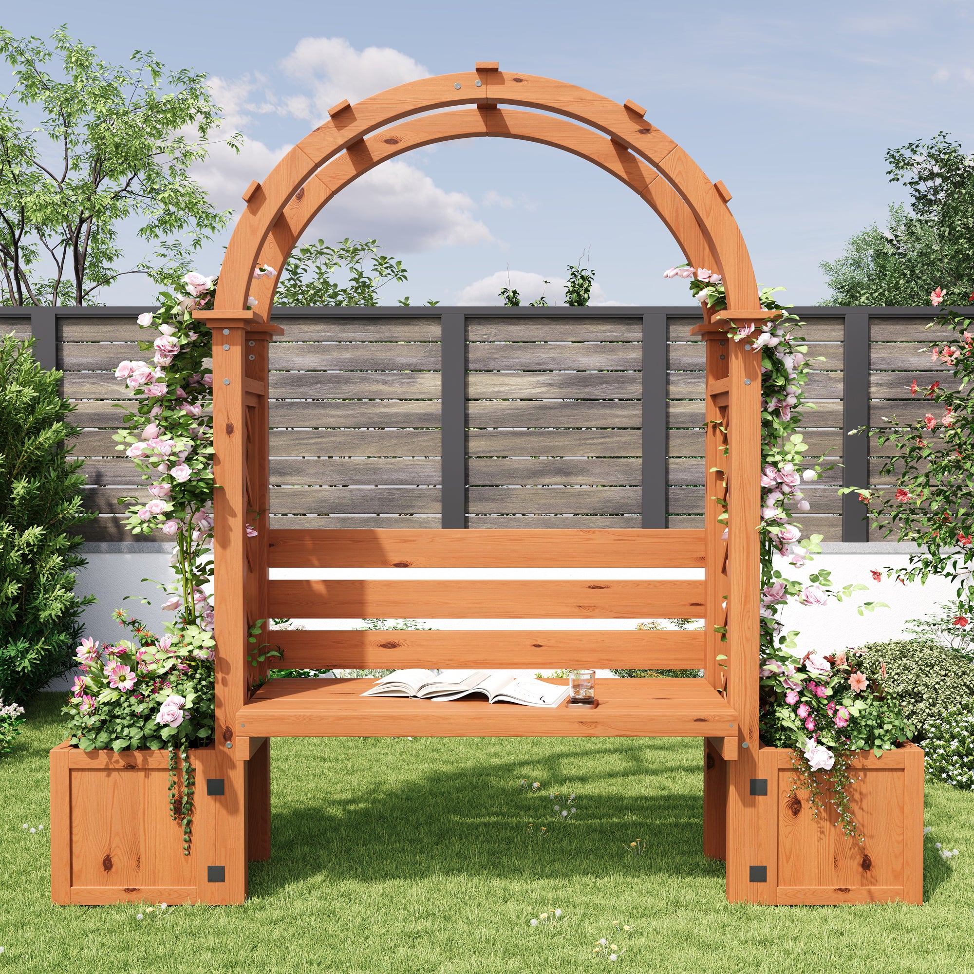 Jardinière sur Pièds avec Treillis en Bois massif + 1 Banc 2 Places - 160 x 30.5 x 160 cm - Naturel - 8