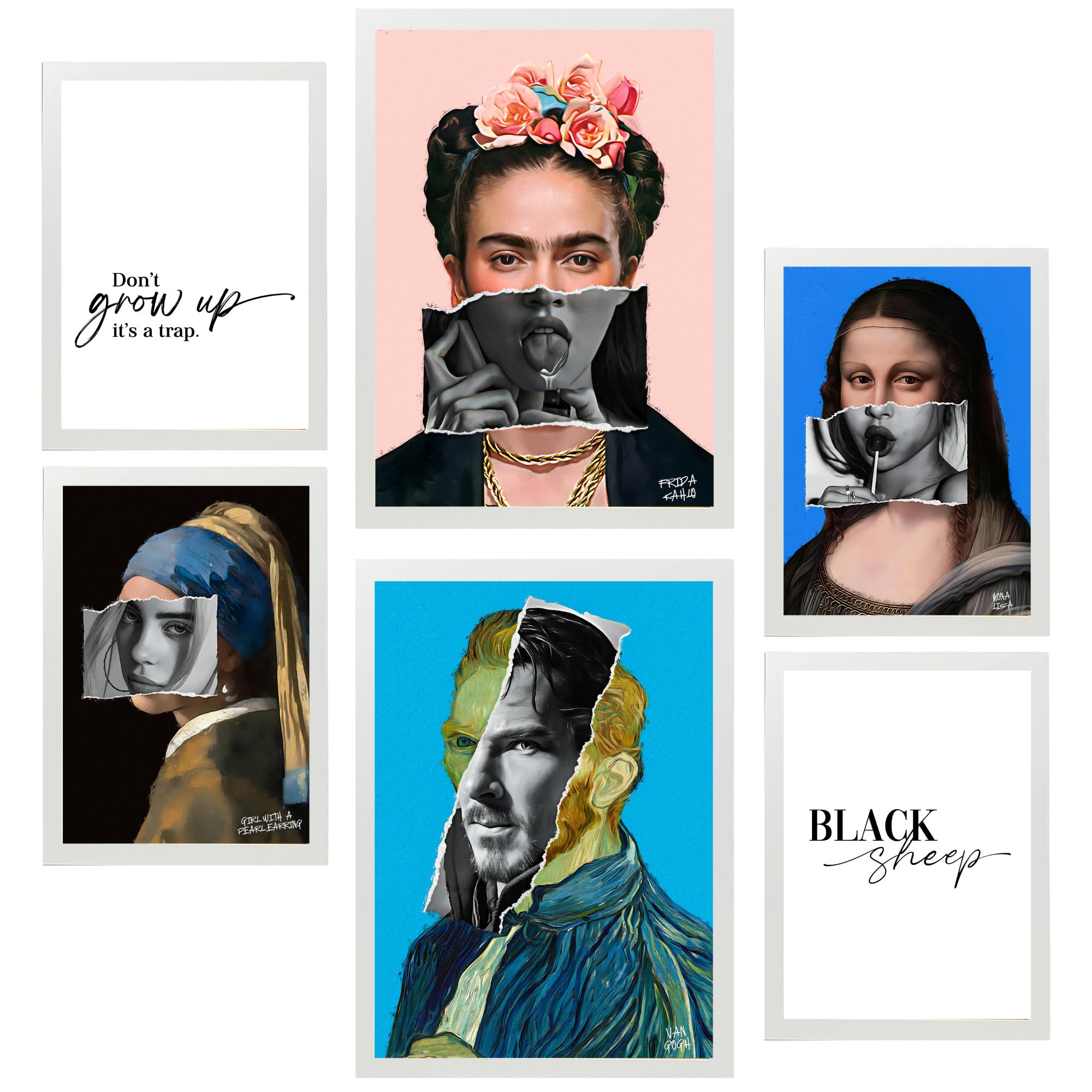 Set de 6 iconic frida van gohg collage pop art cuadros con ilustración de diseño para decorar las paredes del hogar. tienda. a3 y a4. marco blanco