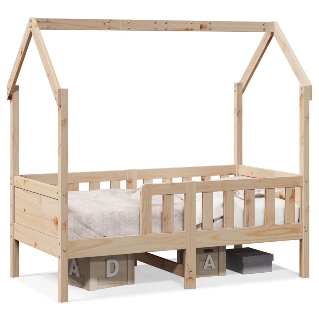 Cadre De Lit Enfant En Forme De Maison - Bois Pin Massif 80x160cm - Avec Barrières Et Espace Rangement