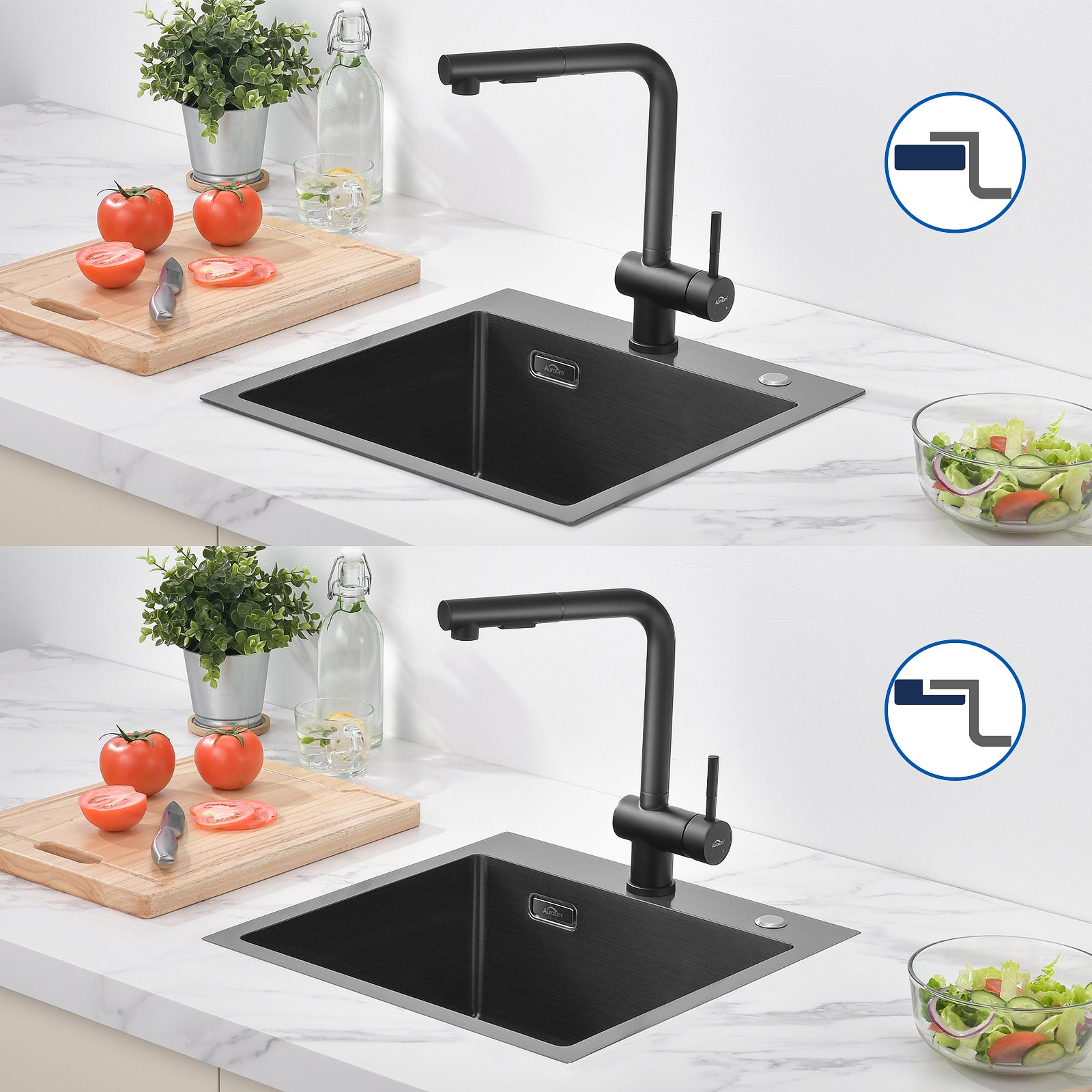 AuraLum Max Évier Cuisine 1 Bac en Acier Inoxydable Noir 45x45CM Évier Encastré et à Poser Évier avec Trou de Montage pour Robinet,EU Modèle - 3