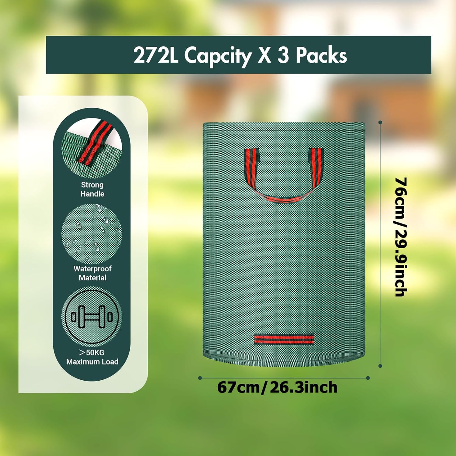 HOMIKLSA 3X 272L Sacs à Déchets de Jardin, Autoportants, Imperméables, Durables et Anti-Corrosion pour Déchets Verts et Tontes de Gazon - 4