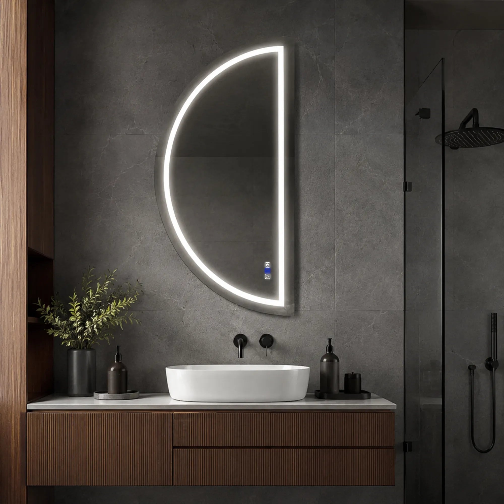 Oglinda LED Semiluna Dreapta 90x180 cm , LED Reglabil 3000K-6000K, Touch, ON/OFF, Dimare, Reglare LED, Functie Dezaburire, Reyze Salono