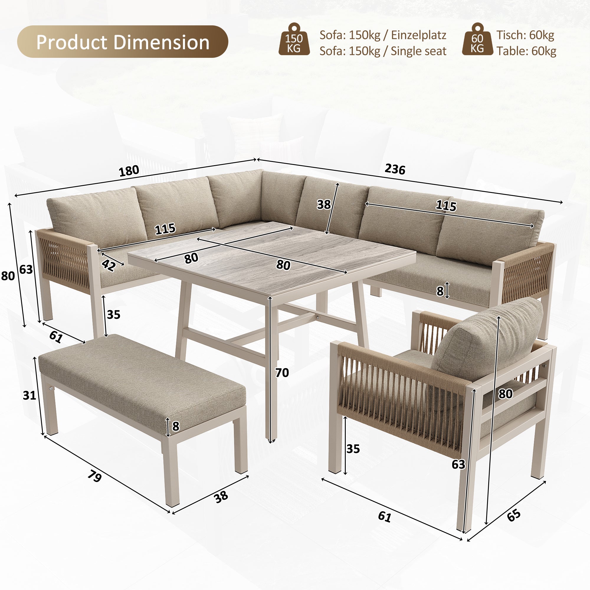 Canapé de jardin en forme de L, jusqu'à 8 personnes, armature en fer avec revêtement, résistant aux intempéries, beige - 4