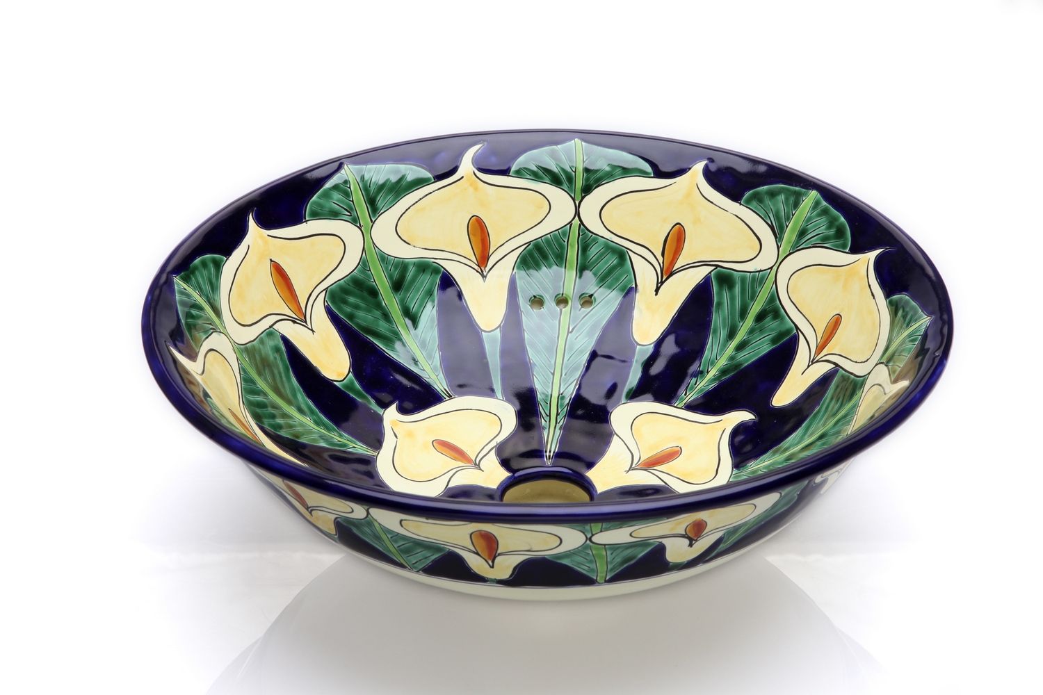 Meksykańska ceramiczna umywalka nablatowa Calia – okrągła meksykańska umywalka łazienkowa 40,5 x 15 cm | Umywalka z motywami Talavera