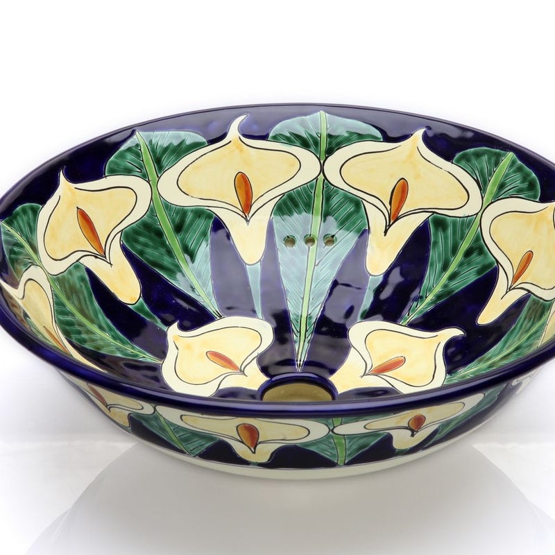 Meksykańska ceramiczna umywalka nablatowa Calia – okrągła meksykańska umywalka łazienkowa 40,5 x 15 cm | Umywalka z motywami Talavera