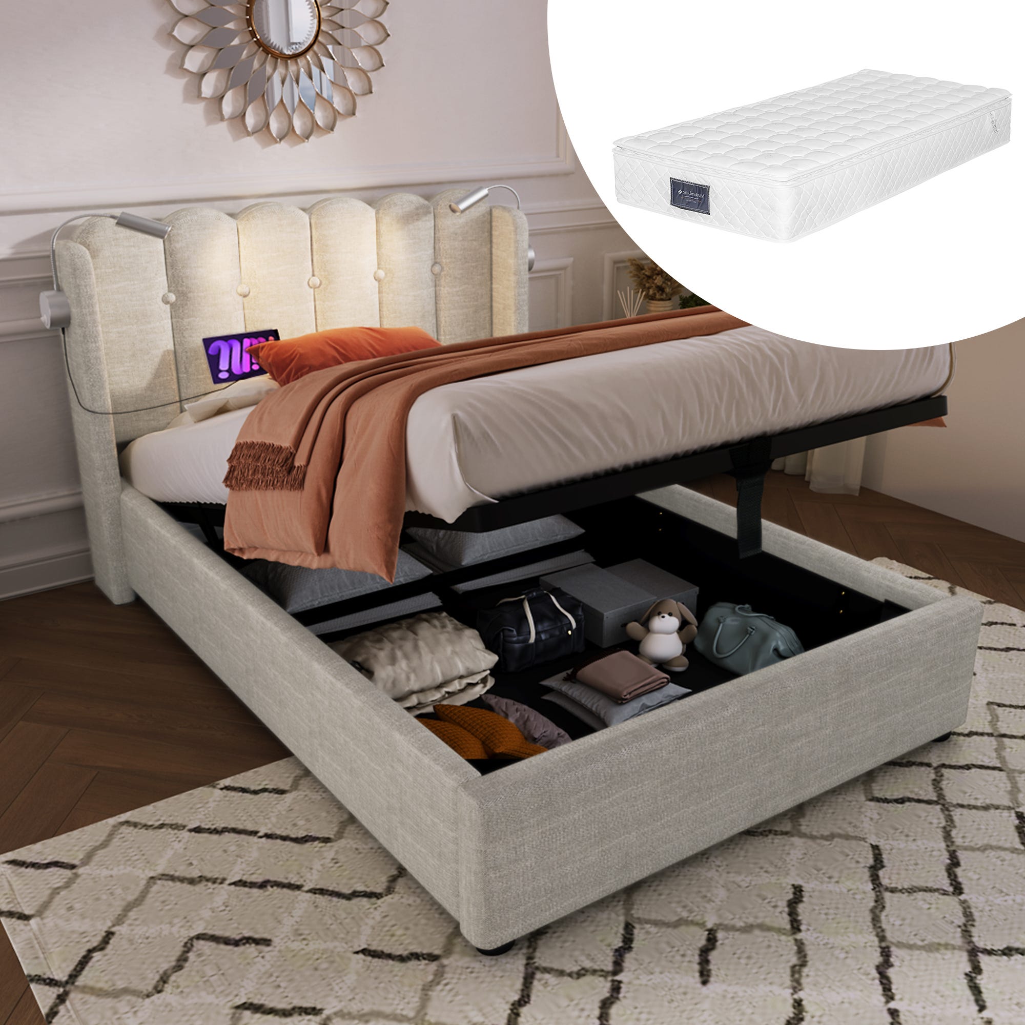 Letto Singolo Imbottito Con Testiera, Luce Da Lettura E USB - Contenitore Incorporato, 90x200 Cm, Grigio (Senza Materasso) - Foto 9