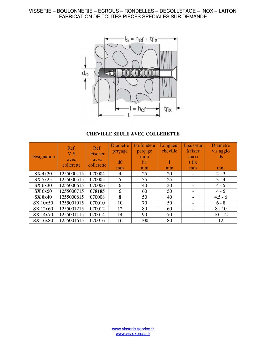 Cheville Nylon à collerette Fischer SX 6X30-10 pièces - 4