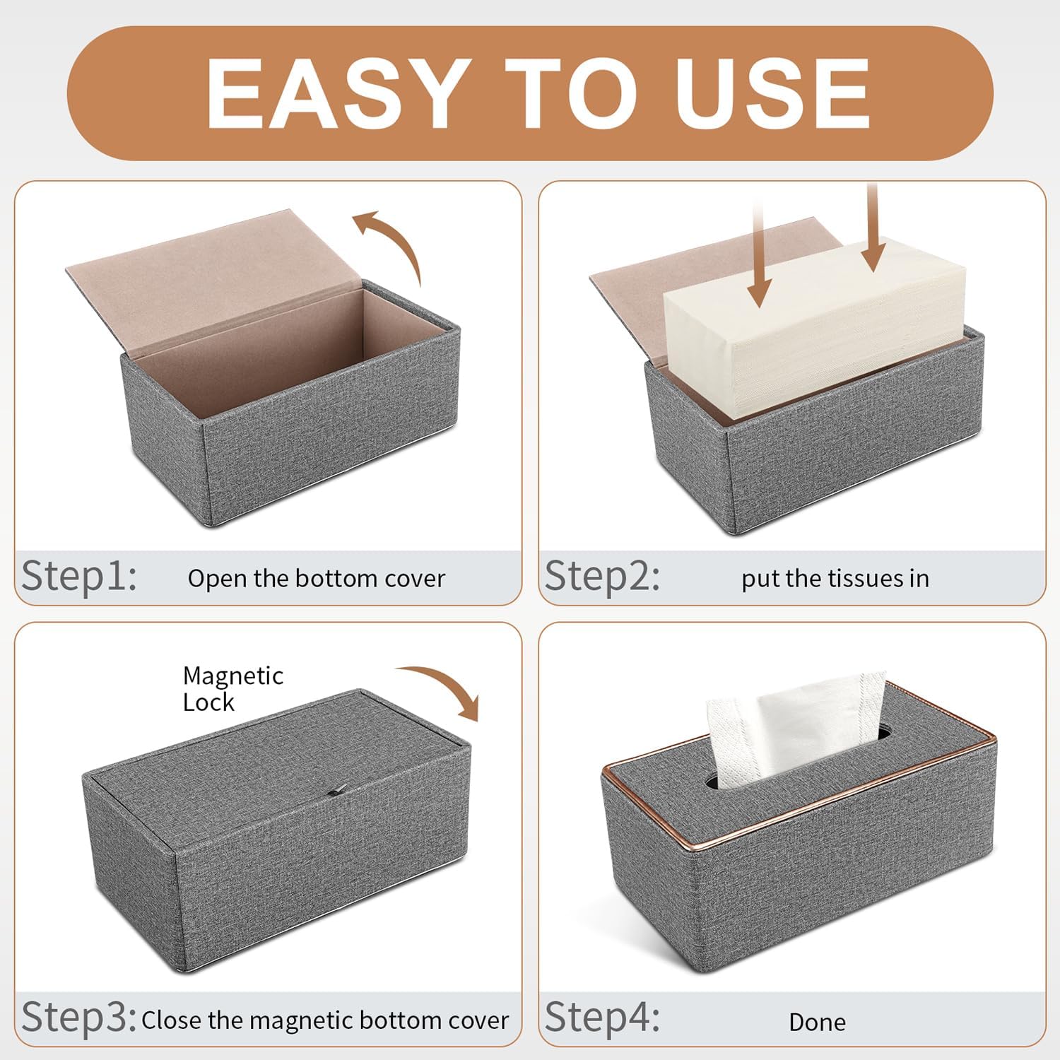 Pudełko na chusteczki skórzane, prostokątne, 25 x 13,5 x 9,5 cm (szare) - 3