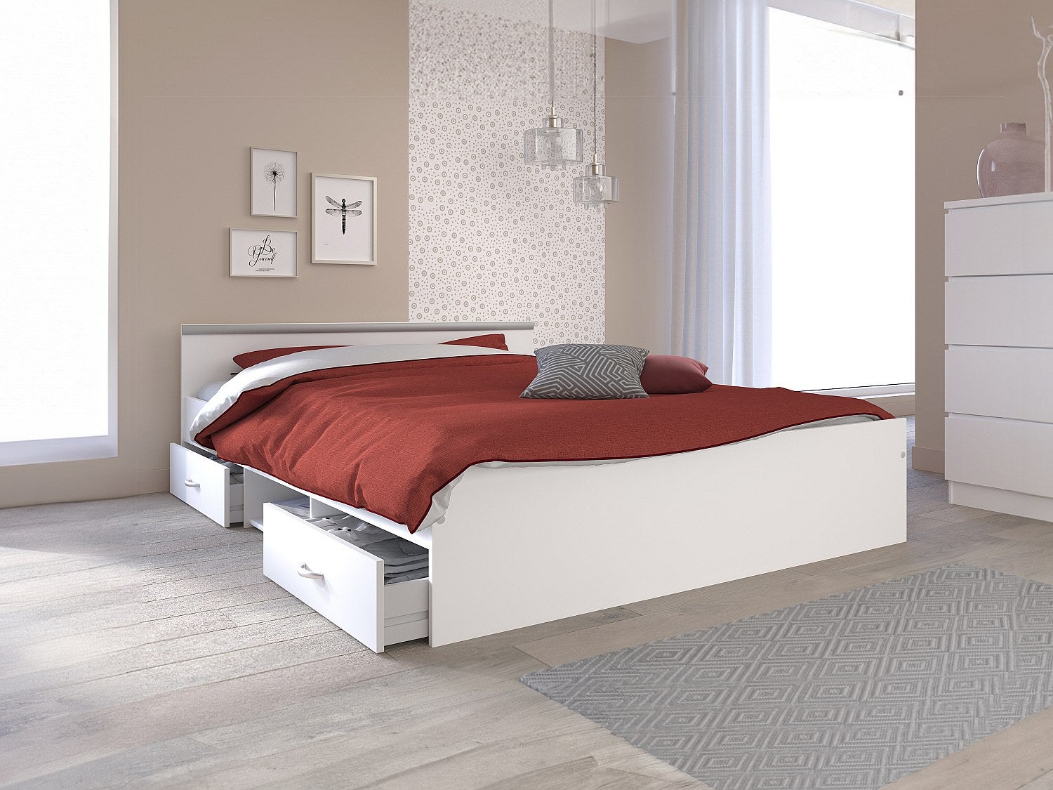 Łóżko ze skrzynią – 2 szuflady i 1 wnęka – 140&amp;nbsp;×&amp;nbsp;190 cm – kolor biały - PABLO