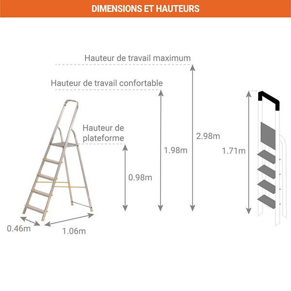 Escabeau 5 marches - Hauteur max. de travail 2.98m - 915 - 2