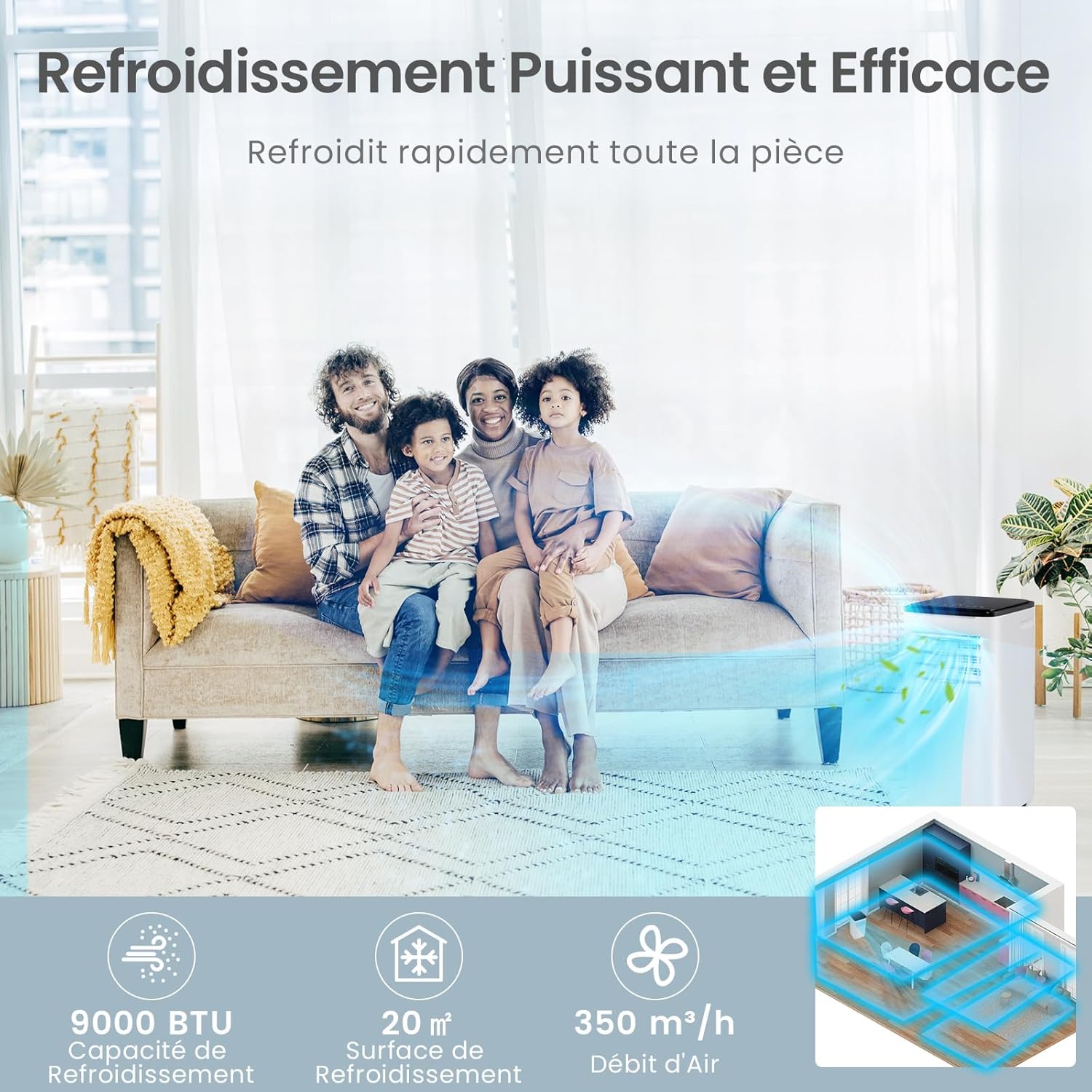 9000 BTU Climatiseur Portable 5 en 1, Refroidissement, Ventilateur, Chauffage, Déshumidificateur, Climatisation Mobile Intelligente Minuterie 24 h - 5