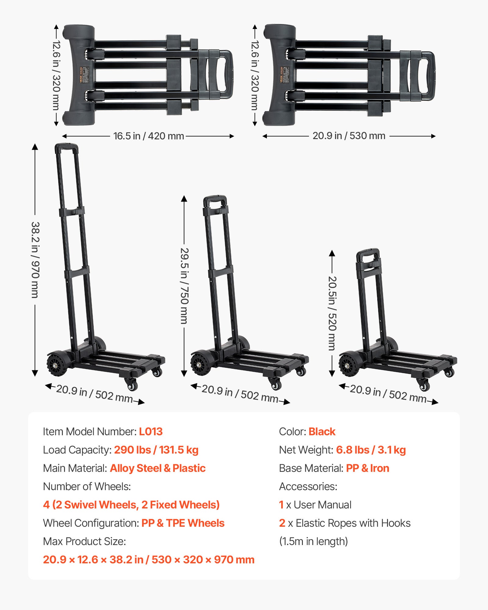Carrinho dobrável 4 rodas VEVOR, capacidade 131,5 kg, 2 cordas elásticas, base extensível, carrinho utilitário para mudança, escritório, preto - 7