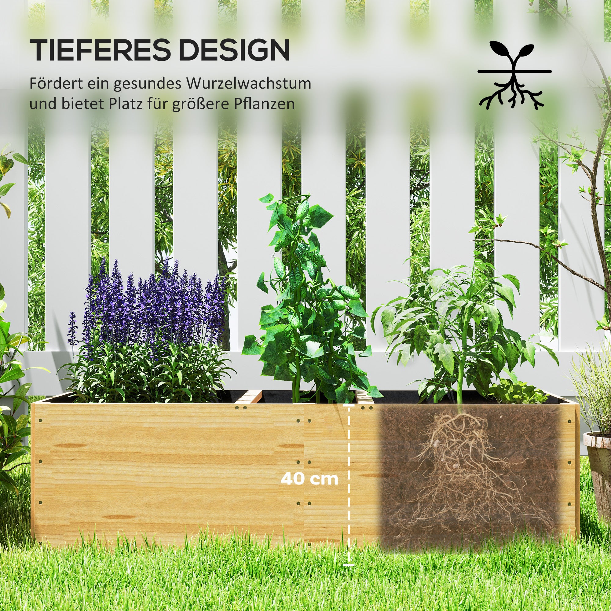 Potager surélevé en bois avec 3 zones de plantation, pour légumes, herbes aromatiques et fleurs, 140 x 60 x 40 cm - 7