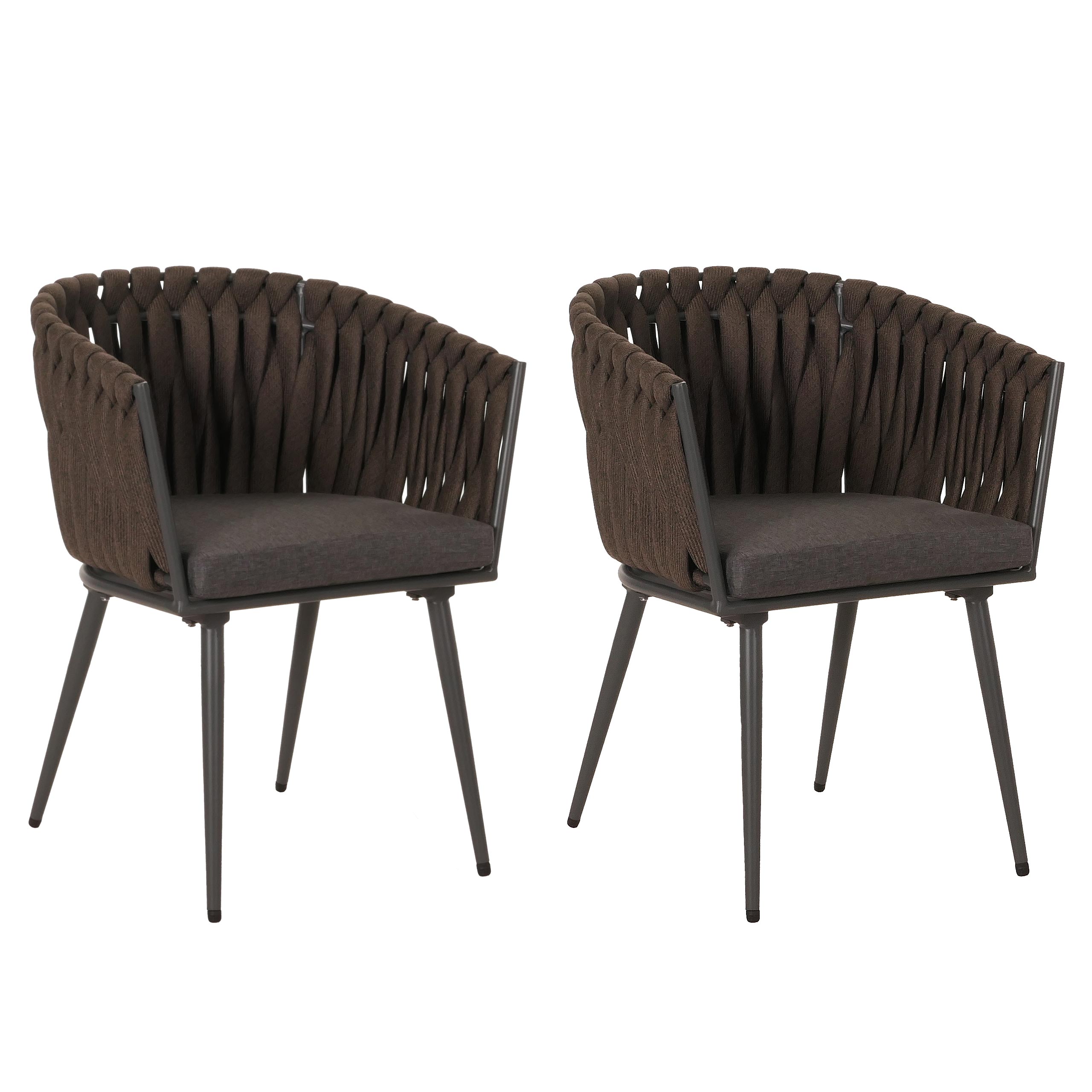 Zestaw 2 aluminiowych krzeseł ogrodowych HWC-N38, podłokietnik krzesła zewnętrznego, splot liny Olefin Rope ~ brązowy Poduszka ciemnoszara