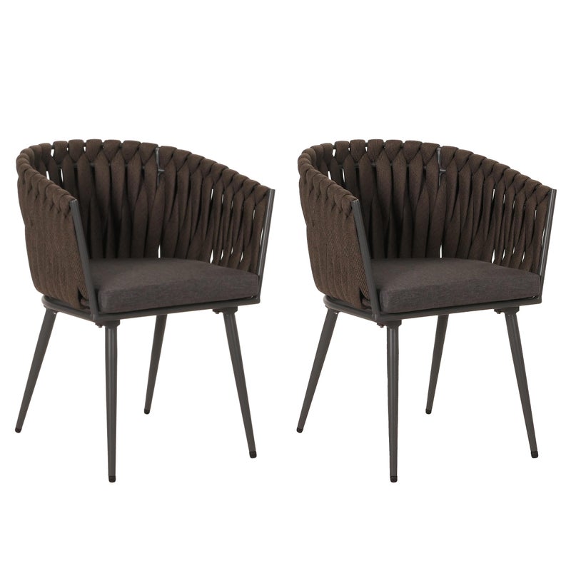 Zestaw 2 aluminiowych krzeseł ogrodowych HWC-N38, podłokietnik krzesła zewnętrznego, splot liny Olefin Rope ~ brązowy Poduszka ciemnoszara