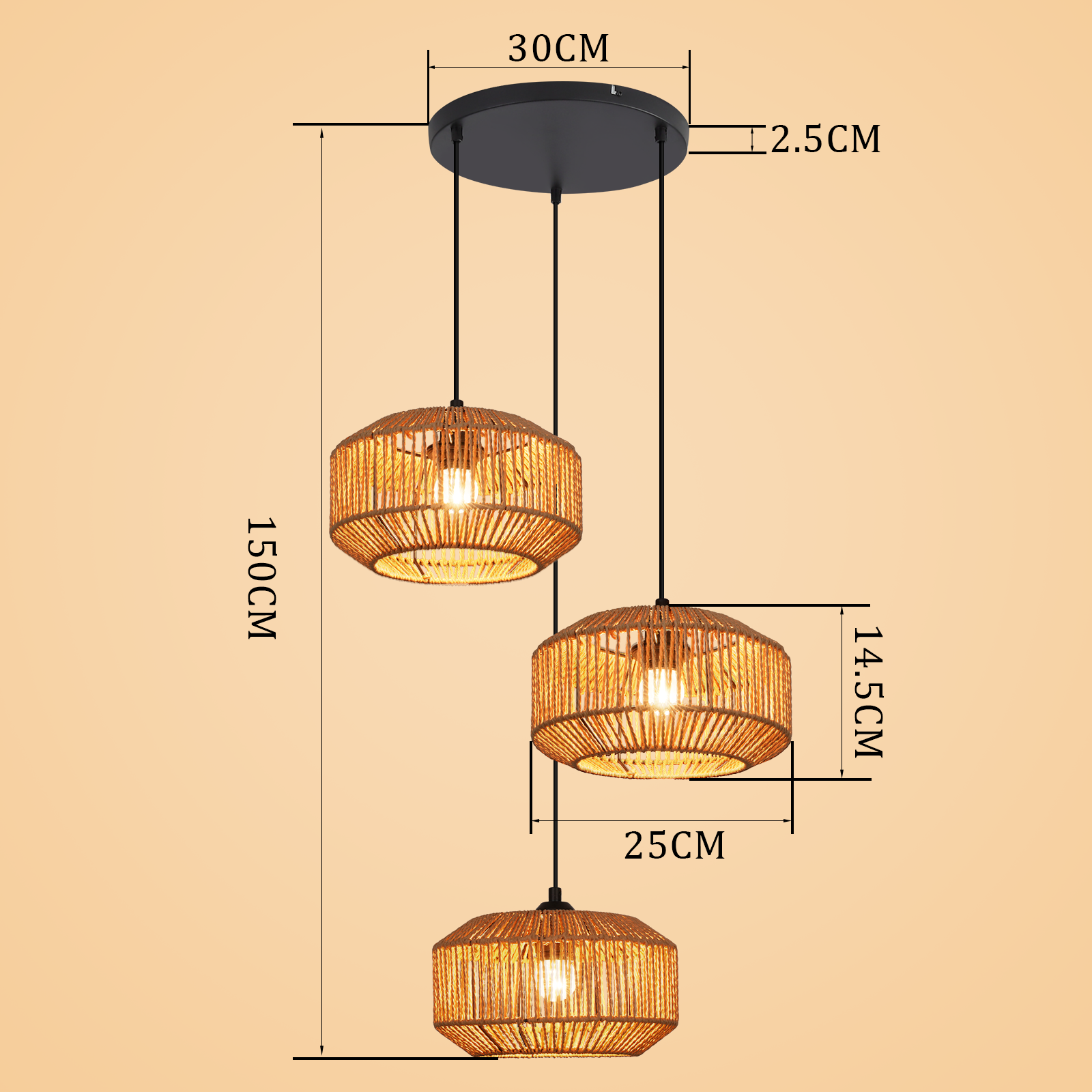 Nettlife Suspension rotin Φ25 Suspension vintage pour table à manger, 1 lumière, design rétro avec douille E27 (ampoule non incluse) - 4