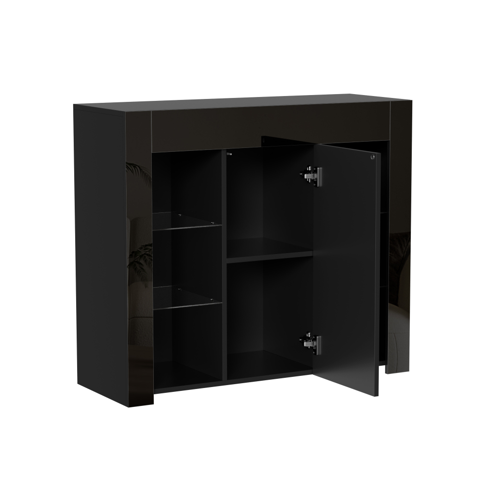 Nowoczesny bufet z błyszczącym wykończeniem i szklanymi półkami – kompaktowy i elegancki mebel do przechowywania 95x35x83 cm do salonu - 7