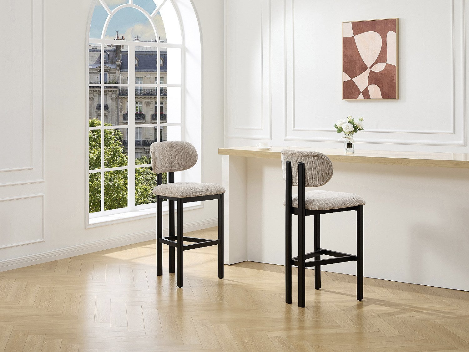 Zestaw 2 stołków barowych z fakturowanej tkaniny i czarnego drewna kauczukowca - Taupe - YELAZ