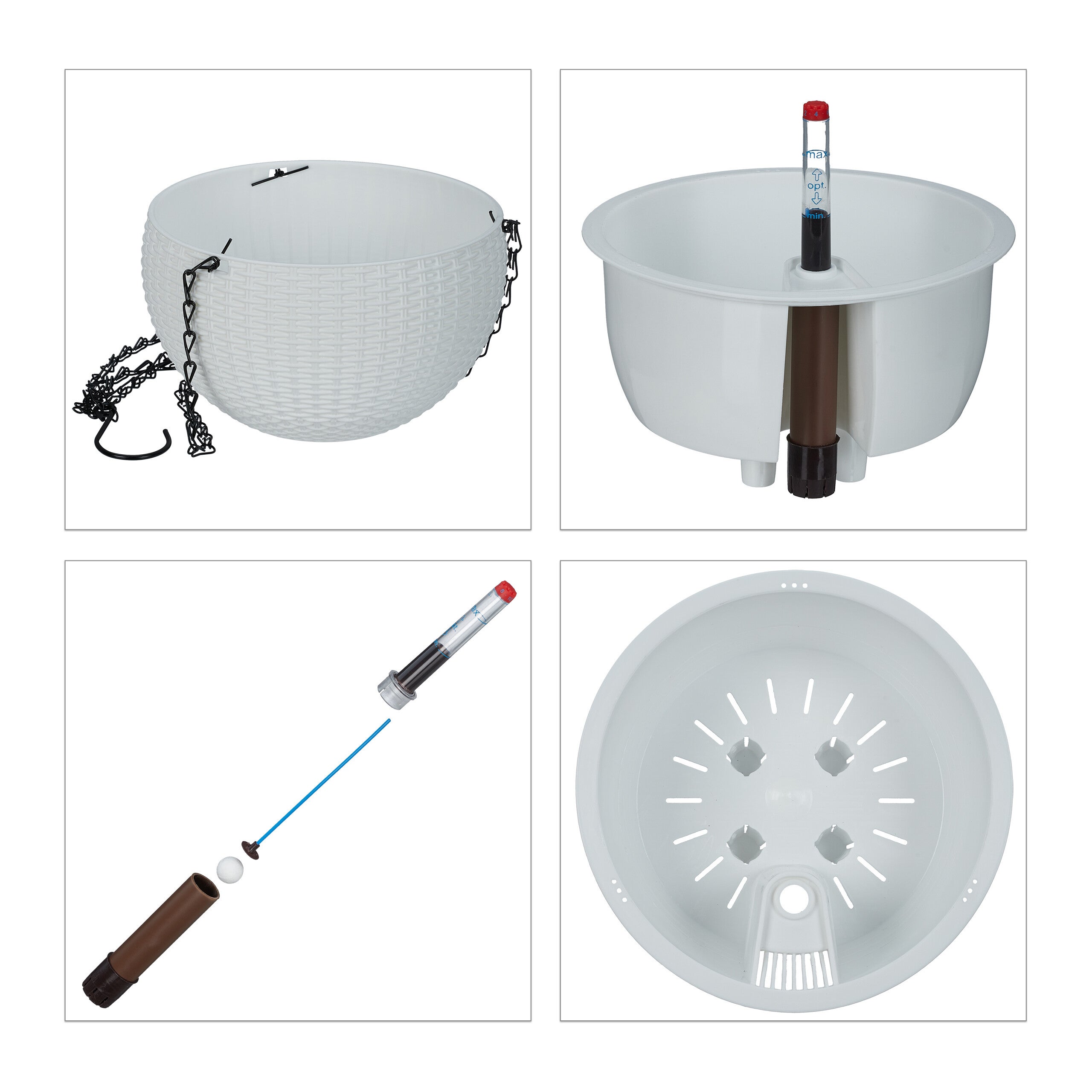 Pot de fleurs suspendu, lot de 2, trou de drainage, indicateur niveau d'eau, aspect tressé, 54x18,5 cm, blanc, Relaxdays - 6