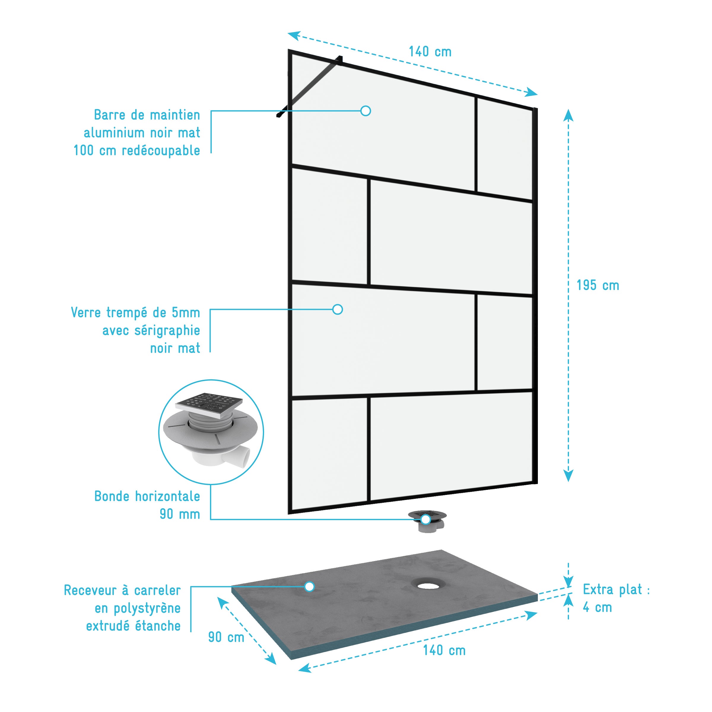 Pack Paroi de douche 140x195 cm + RECEVEUR DE DOUCHE A CARRELER 90x140 RECOUPABLE - 4