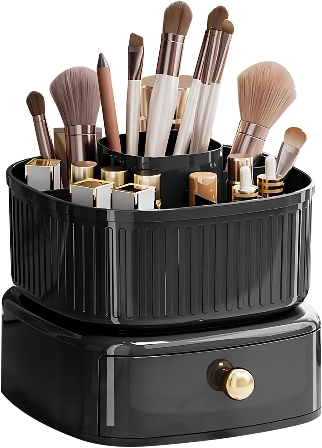 Organisateur Maquillage Rotatif 360° – 3 Tiroirs + Porte-brosses – Blanc Laiteux – Multifonction – Pour Salle De Bain Ou Chambre Tiroirs Multiples 360° Tournant