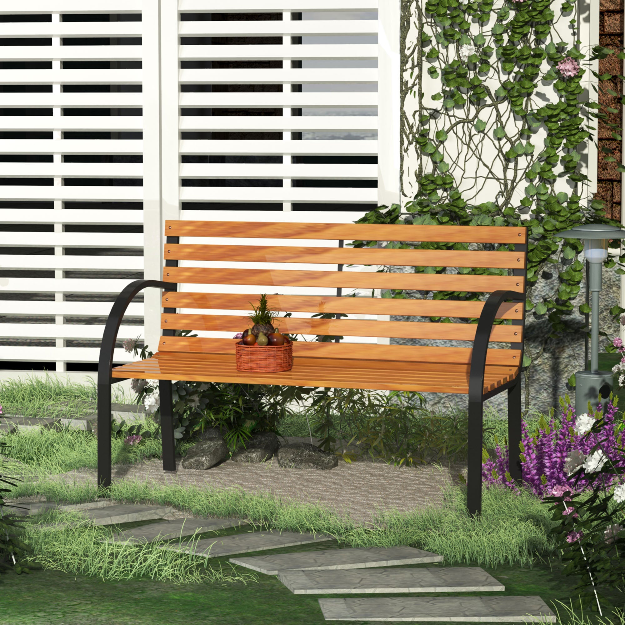 Banc de jardin 2 places style rural chic acier époxy bois lasuré - 2